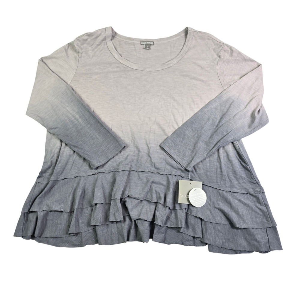 Ombre Ruffle Hem Top Womens 1X Grey Long Sleeve Boho Slub Knit Boho Falls Creek